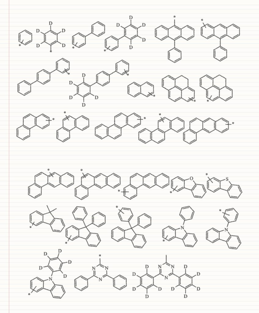 苯基, 氘代苯基,联苯基,部分氘代的联苯基,三联苯基,部分氘代的三联苯基,萘
基,9‑苯基蒽基,芘基,菲基,䓛基,苯并蒽基,二苯并呋喃基,二苯并噻吩基,9,9‑二甲基芴
基,9,9‑二苯基芴基,9‑苯基二苯并咔唑基,部分氘代的9‑苯基二苯并咔唑基